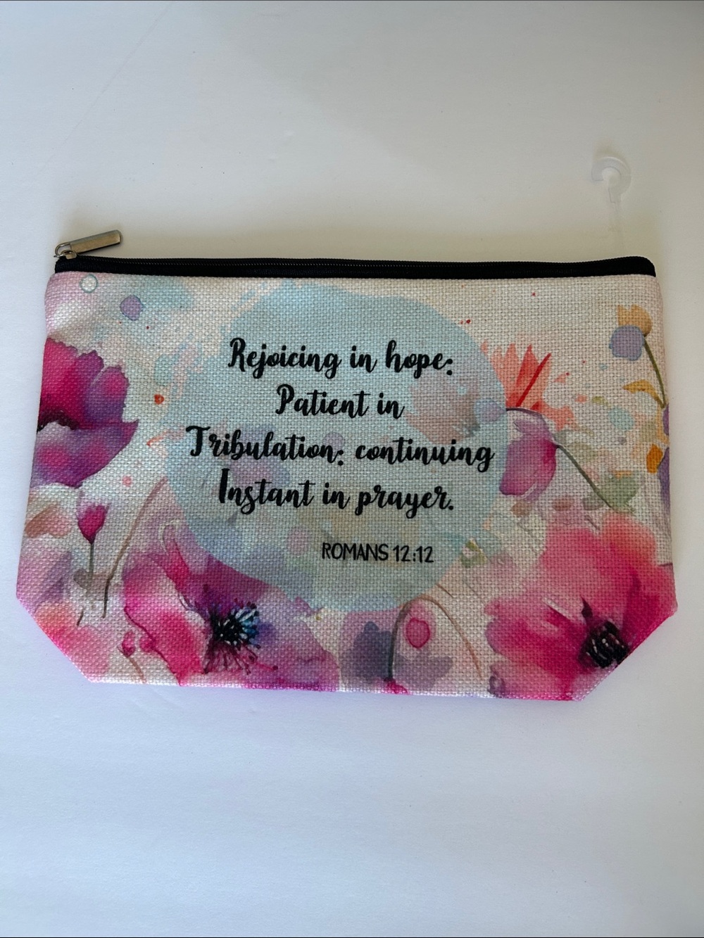 Floral Pink Inspirational Cosmetic Pouch - Romans 12:12